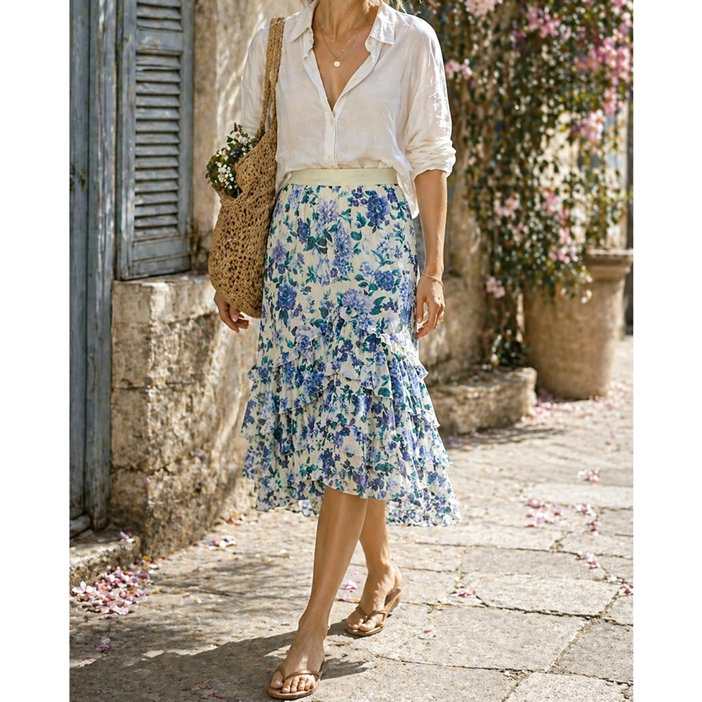 Zimmermann 0 /UK 8/US 4 Moncur Floral Silk chiffon Midi Skirt $995 Ruffle NWT - Picture 13 of 13